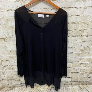 Avenue Black Chiffon Popover Button Neck Top